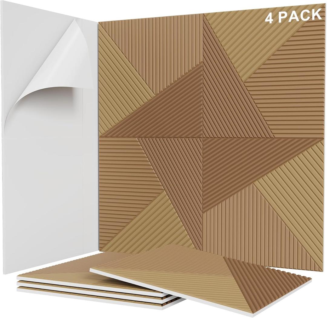 Sunlysound 3D Textured Wood Grain Sound Acoustic Wall Panels, 23.6'' x 23.6" Noise Dampening Modern Wall Decor, Peel and Stick for Noise Reducing in Home Office, Studio, Gaming Room (Walnut)