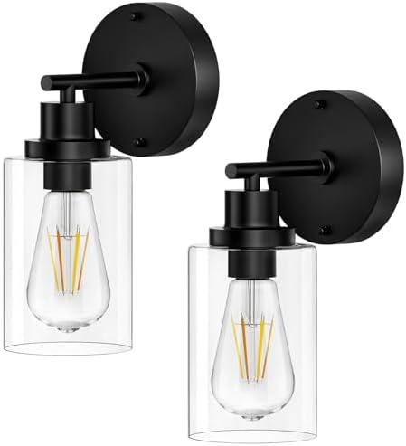 BUTHY Bathroom Wall Sconces Set of Two: Black Vanity Light Fixtures with E26 Base LED Cordless Indoor Wall Mount Lamp for Mirror Bedroom Hallway Stairway Modern Decor Lighting