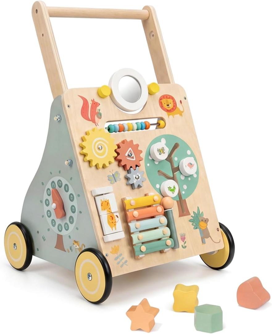 Wooden Baby Walker, Multiple Learning Activities Center Develops Motor Skills for Infant to Toddler, Push and Pull Walkers with Wheel for Boys Girls
