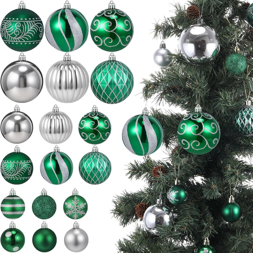 Soulchen 36 Pcs Christmas Balls Ornaments Bulk 3.15''/2.36''/1.57''Green & Silver Christmas Tree Decorations Glitter Xmas Decorative Hanging Ornaments Luxury Home Decor for Xmas (Green and Gold)