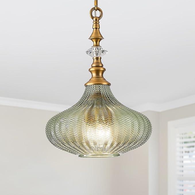 rosysky 3Light Chandelier,Vintage Gold Farmhouse Pendant Light Fixture for Kitchen,Adjustable Hanging Lighting with Green Glass Shade for Hallway Bedroom Entryway Dining Room Island
