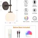 Oil Rubbed Bronze Wireless Rechargeable Wall Sconces Set of 2, Battery Operated Wall Lights with Remote Control, LED Dimmable Wall Lamp with Opal White Glass Shade, 12 Colors RGB & 3 CCT Bulb