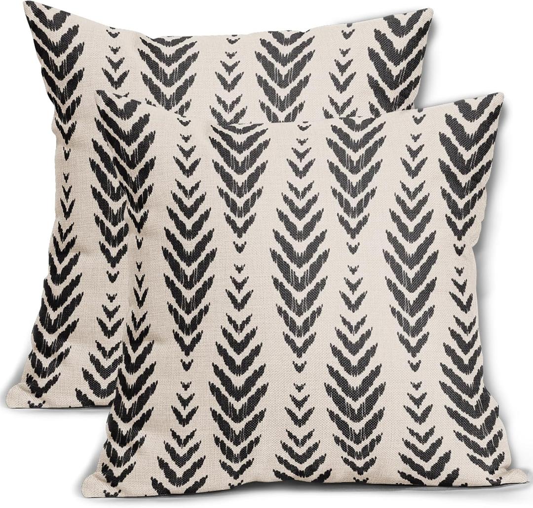 Sweetshow Boho Pillow Covers 18x18 Set of 2 Bohemian Ethnic Black Geometric Herringbone Print Decorative Throw Pillows Outdoor Pillowcase Square Linen Farmhouse Cushion Case Decor for Couch Sofa Bed