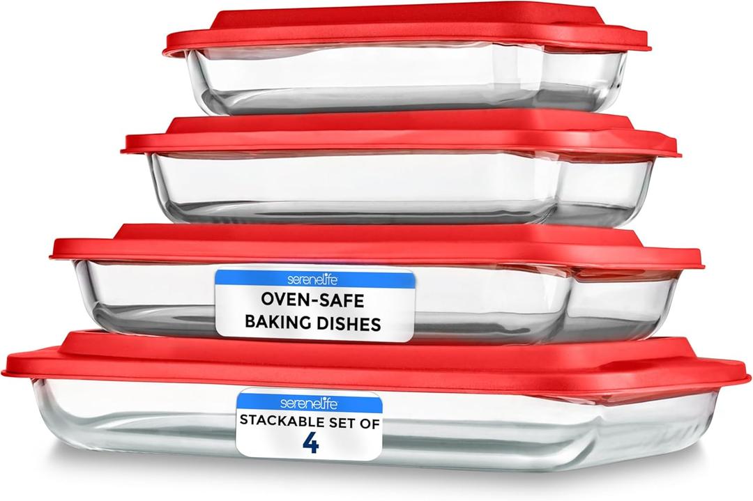 SereneLife 8-Piece Glass Baking Dish with Lids Set - ( 4 Heavy Duty Rectangular Glass Baking Pan with 4 BPA-Free Lids ), Oven-Safe Bakeware for Lasagna, Meats, Desserts - Dishwasher Safe, Red