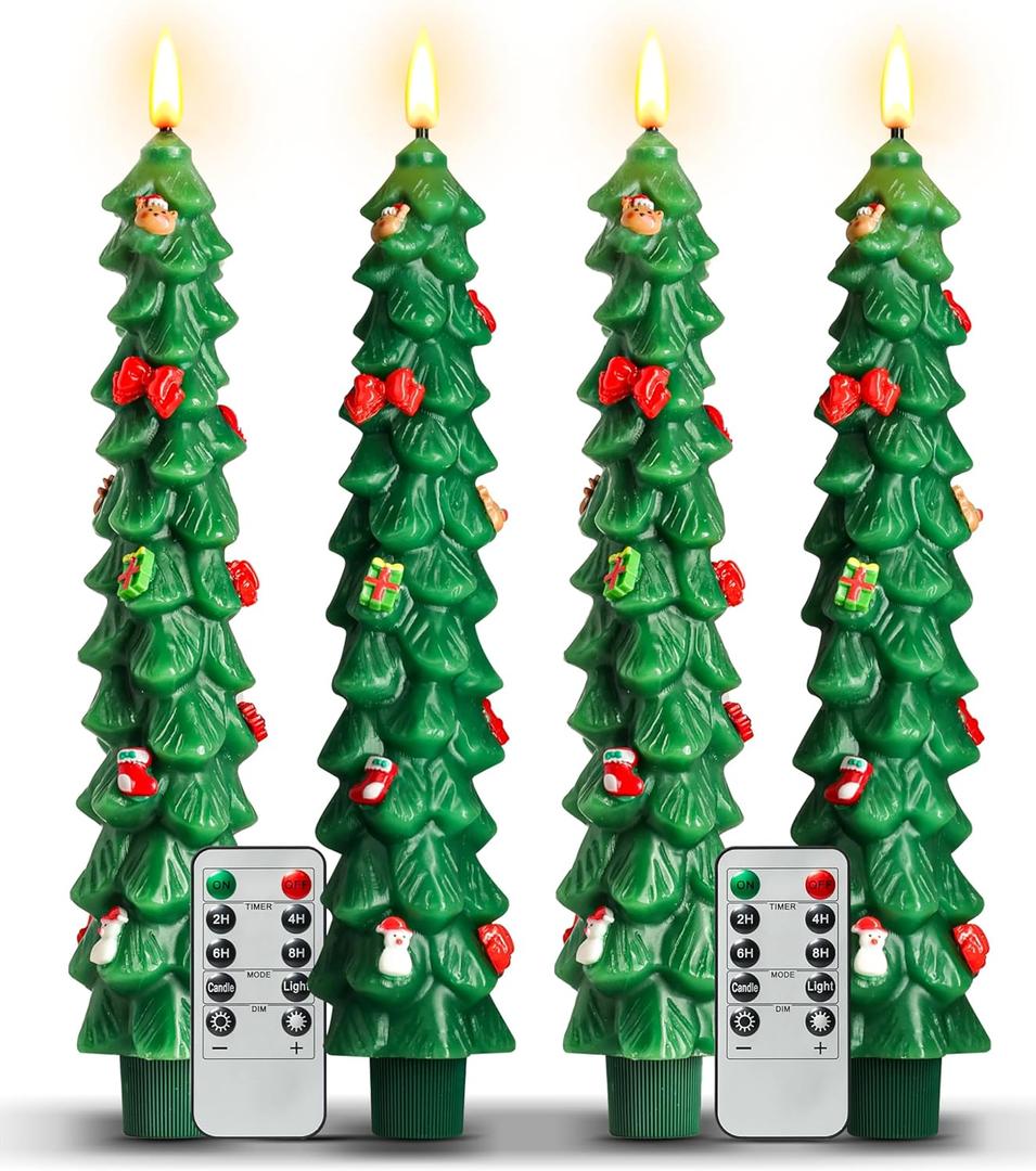 4Pcs Christmas Tree Flameless Taper Candles with Remote and Timer,LED Candles Battery Operated with Mini Ornaments,9.5" Real Wax Window Candlesticks with Flickering 3D Flame for Christmas Decoration (Green)