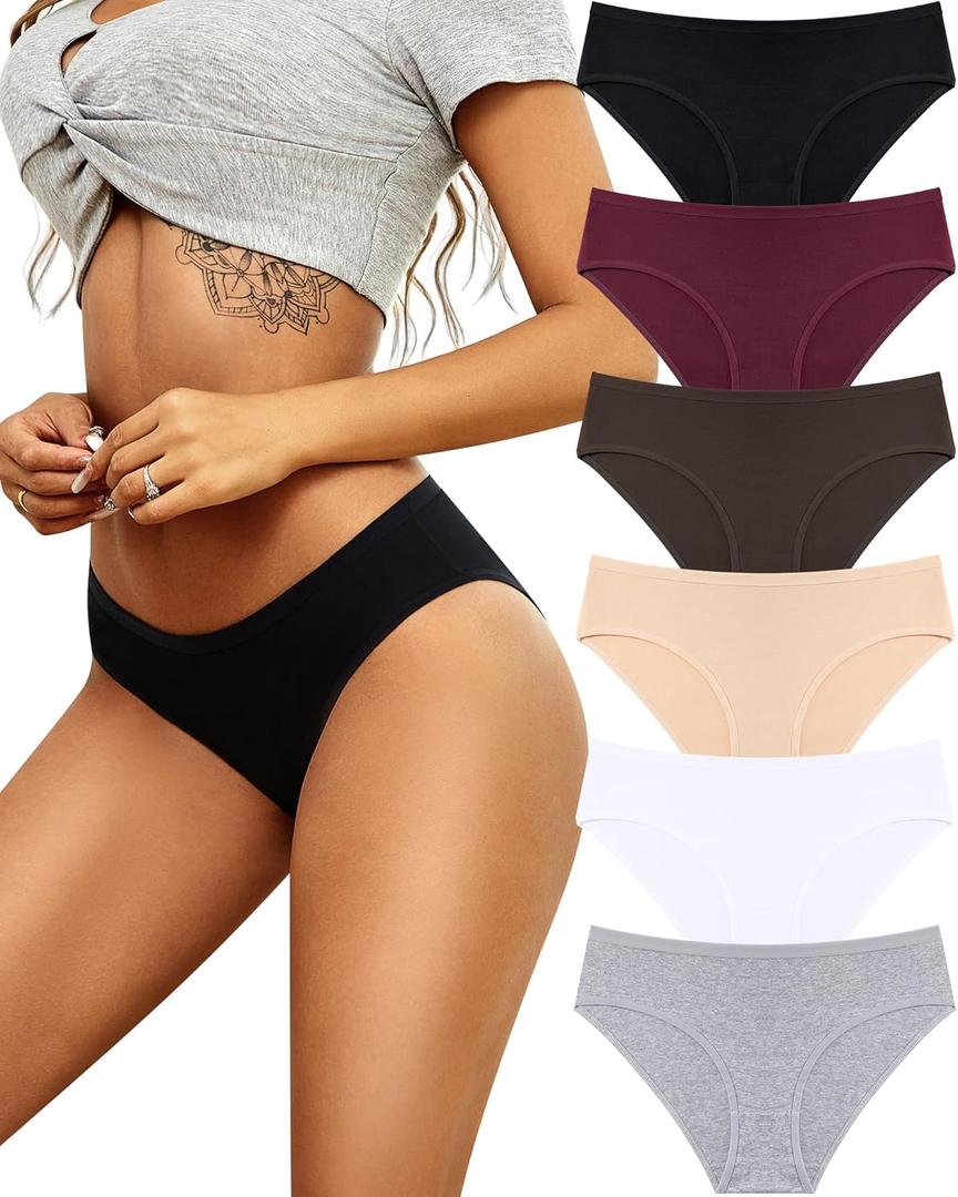 ALL OF SHE Womens Underwear Cotton Hipster Panties Breathable Sexy Cheeky Stretch Soft Ladies Bikini Underwear 6 Pack S-XXL (Large, Black/Skin Tone/Dark Red/White/Mocha/Gray)