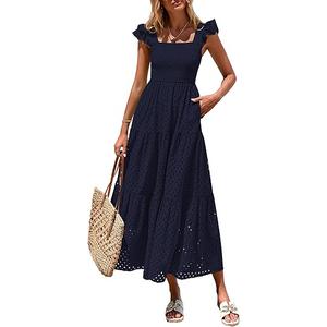 PRETTYGARDEN Womens Summer Square Neck Maxi Dresses Cap Sleeve Eyelet Smocked Tiered A Line Flowy Long Dress with Pockets (Medium)