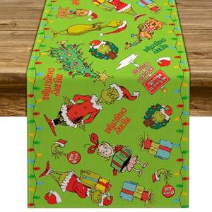 Merry Christmas Table Runner Christmas Xmas Winter Holiday Season Party Decorations Winter Kitchen Fireplace Dining Room Home Decor (Green, 13" x 108")