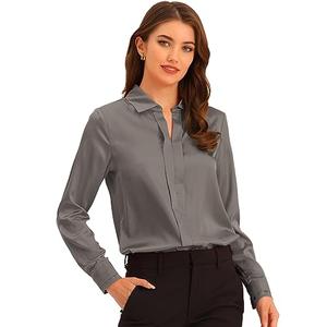 Allegra K Women's Silk Top Elegant V Neck Satin Blouse Long Sleeve Dressy Business Shirt Work Tops 2025 Small Grey Size S