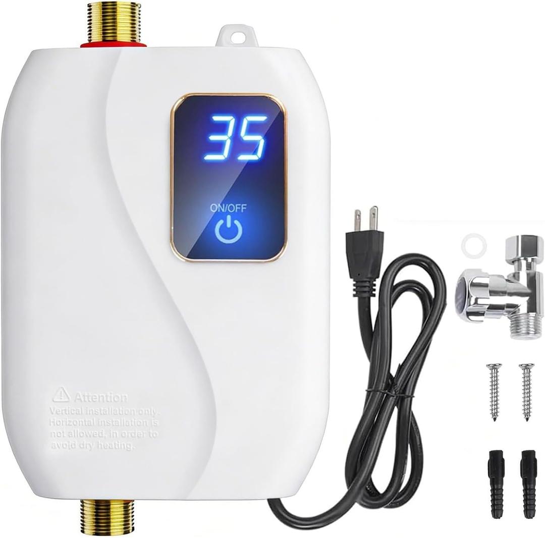 Tankless Water Heater Electric, 110V 3000W Instant Hot Water Heater with Adjustable Temperature & US Plug for Kitchen, RV, Small Sink  No Waiting, Energy Efficient - White