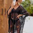 Lace Beach Cover Up for Women, Sexy Bathing Suit Cover Up, V-Neck Swimsuit Coverup for Seaside, Poolside and Party (Black)