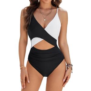 Blooming Jelly Womens One Piece Swimsuit Sexy Tummy Control Bathing Suit Cute Color Block Cheeky Ladies Monokini Swimwear (Small, Black & White)