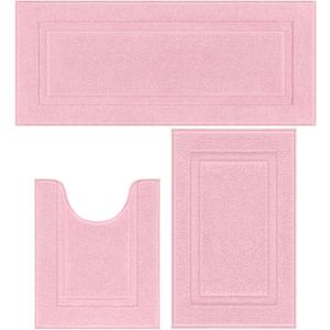 SHACOS Pink Bathroom Rugs Sets 3 Piece, 20"x47" + 20"x32" Non Slip Bath Mat and 20"x24" Toilet Rugs U Shaped Washable, Soft Fluffy Water Absorbent Bathroom Floor Mat