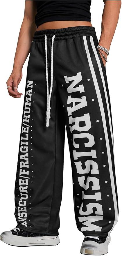 WDIRARA Men's Letter Graphic Sweatpants Athletic Workout Drawstring Waist Wide Leg Pants, Medium