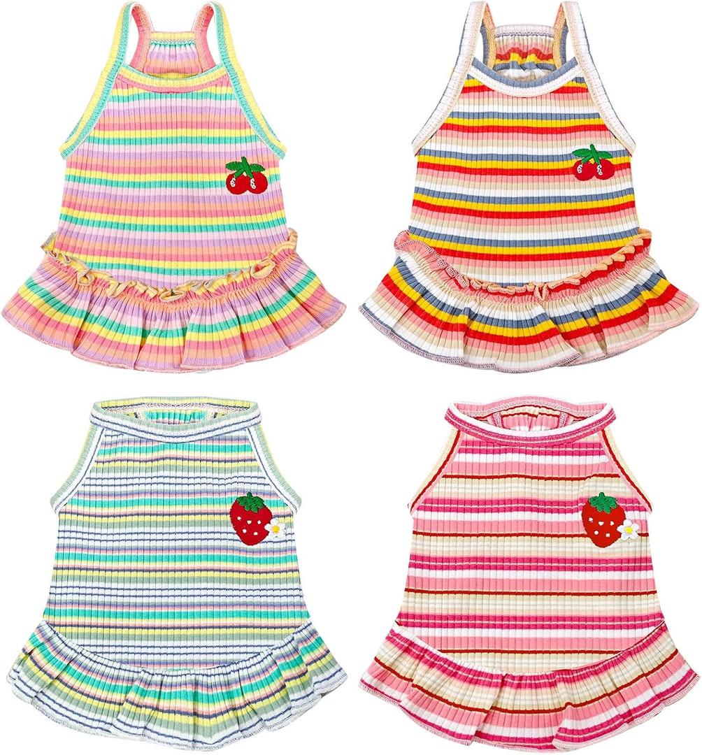 Cute Small Dog Dress Girl Female Dog Clothes Spring Summer Pet Puppy Cats Striped Dress Outfits for Shih Tzu Yorkies Chihuahua Maltese(4 Pcs,Small)