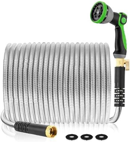 Metal Garden Hose 150Ft Stainless Steel Water Hose Heavy Duty with 10 Way Nozzle-Flexible Lightweight Durable No Kink & Tangle，Strong 3/4’’ Solid Metal Fitting Shut-Off Valve for Outdoor Yard