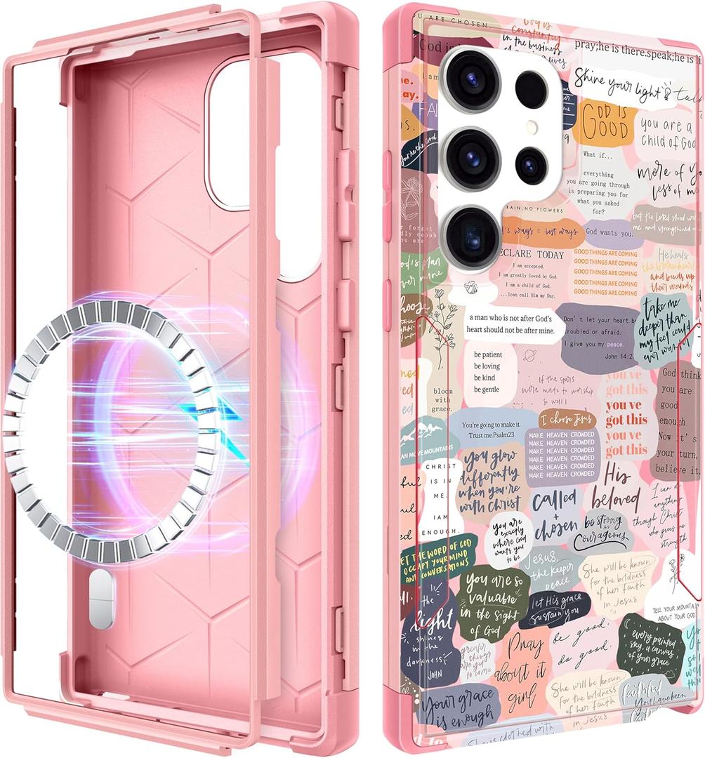 for Samsung Galaxy S24 Ultra Case - [Compatible with MagSafe] Women Cute Girls Magnetic Protective Phone Cover Girly Unique Pretty Heavy Duty Shockproof Funda para Samsung S24 Ultra Cases (Christian Quotes)