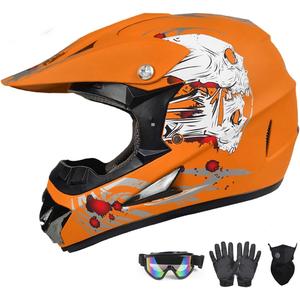DOT Approved Youth Kids Motocross Helmet - Ultra-Lightweight Full Face Dirt Bike/ATV Helmet with Goggles, Gloves & Face Shield (4-Piece Set) (Large, Orange)
