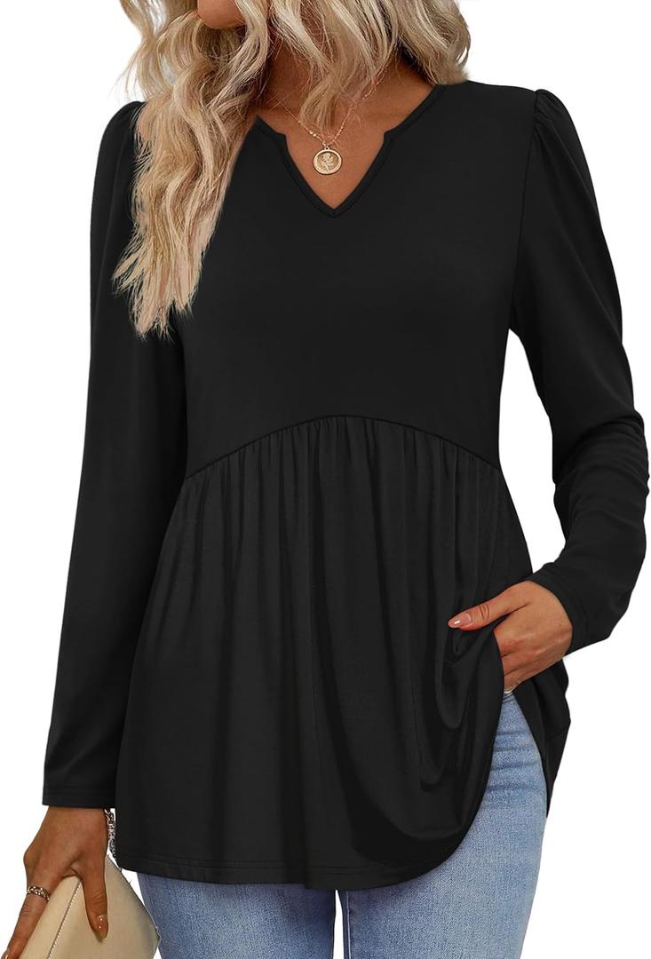 WIHOLL Womens Tops Long Sleeve Fall Shirts Babydoll Peplum Tops for Women V Neck Tunic Dressy Casual Blouses (X-Large, Black)