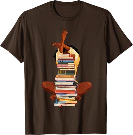 Black Woman and Books Stack Afro Girl Book Lover T-Shirt Small