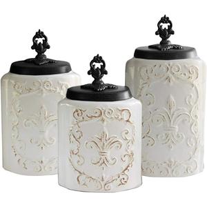American Atelier Fleur de Lis White Canister Set 3-Piece Ceramic Jars in 84.5oz, 74.5oz, & 60oz Designed w/ Airtight Stainless Steel Lids for Cookies, Candy, Coffee, Flour, Sugar, Rice, Pasta, Cereal