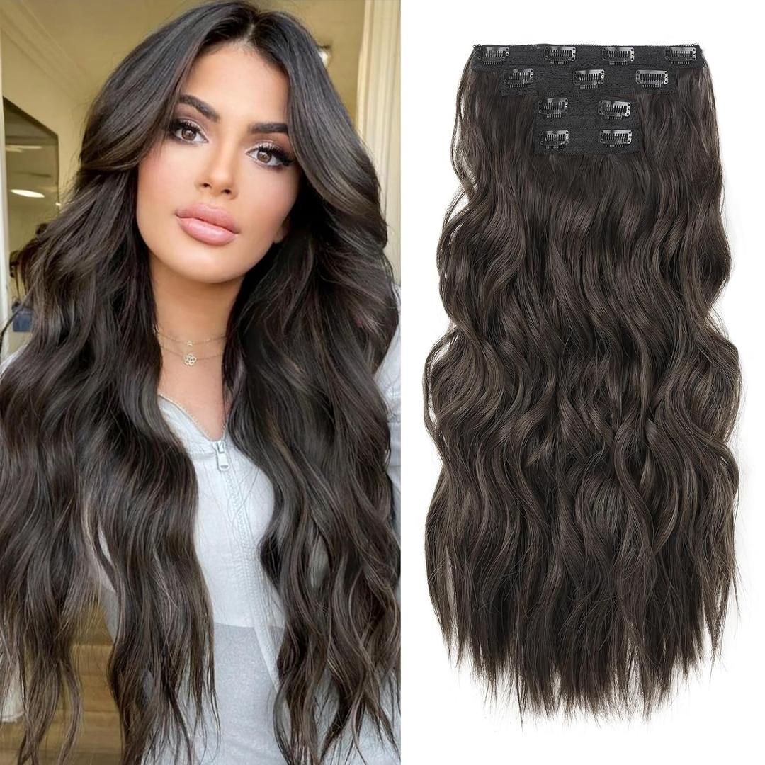REECHO Hair Extensions, 4PCS Clip in Hair Extensions 24" Thick Long Beach Waves Dark Brown Invisible Lace Weft Natural Soft Synthetic Hairpieces for Women Dark Brown