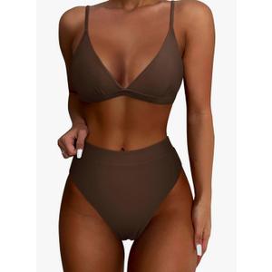 SUUKSESS Women High Waisted High Cut Bikini Set Sexy Triangle Two Piece Swimsuits XL, Brown
