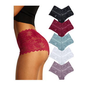 FINETOO Sexy Underwear for Women V-Waist Shorts Women' s Underwear Lightweight Soft Lace High Waist Panties 5 Pack