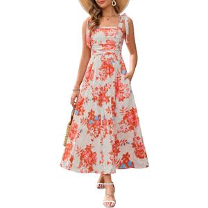 Zattcas Womens 2026 Summer Spaghetti Strap Floral Maxi Dress with Pockets Smocked Flowy Long Beach Vacation Sundresses (Large, Tangerine)