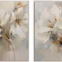 Kate and Laurel Sylvie Beaded Abstract Botanical Floral Linen Painting 1 and 2 Vintage Framed Canvas Wall Art Set by The Creative Bunch Studio, 2 Piece Set 23x33 White, Simple Floral Art for Wall
