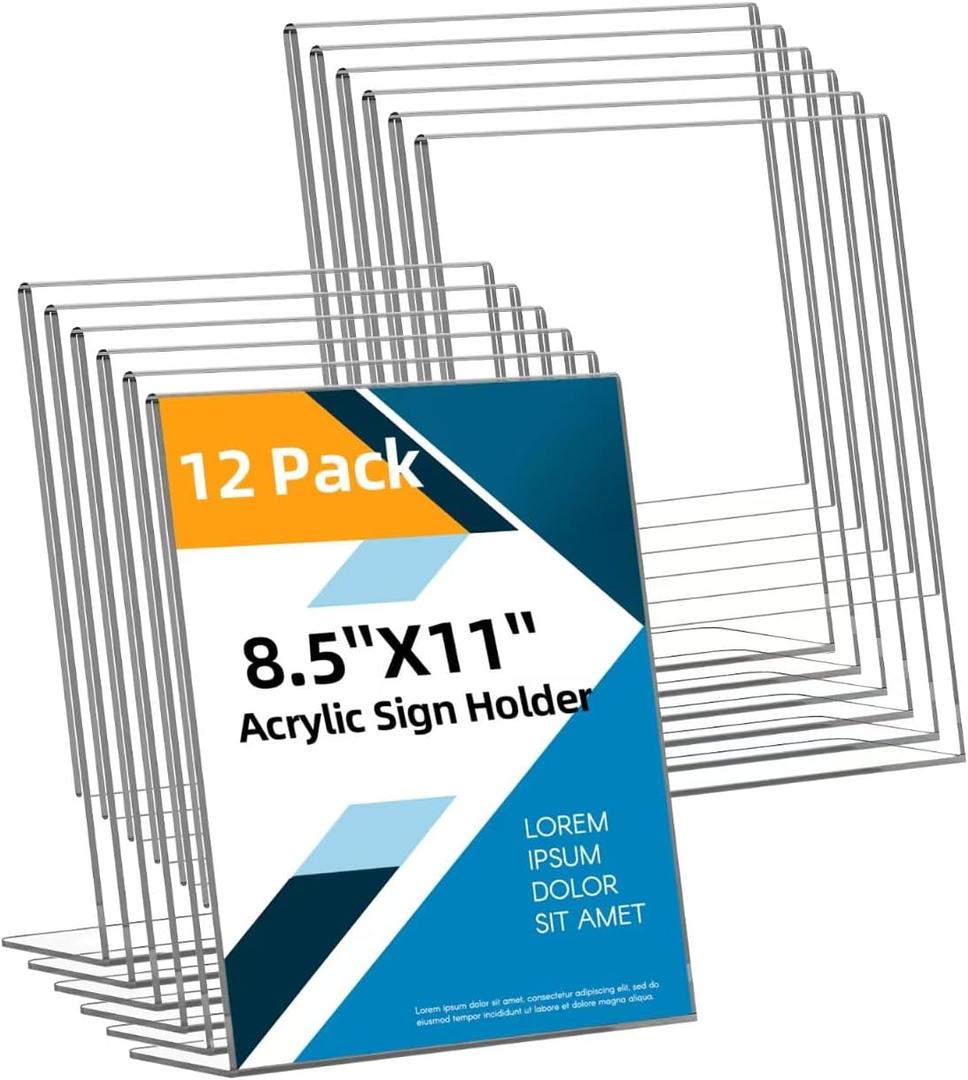 12 Pack Acrylic Sign Holder 8.5x11 Inches, Clear Plastic Table Paper Display Stand, L-Shape Vertical Menu Holder Stand, Clear Picture Photo Flyer Display Stand for Restaurants, Store, Office Desktop