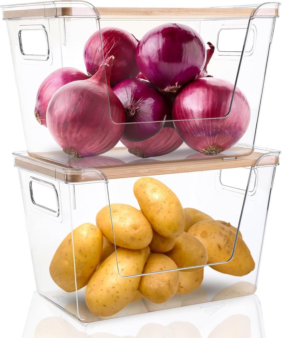 Hiziwimi 2 Set Pantry Organizers and Storage - Stackable Pantry Storage Bin Containers for Potato, Onion, Garlic, Fruit, Vegetable, Produce - Clear Front Open Kitchen Organization Baskets with Lid