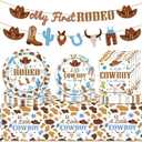 My First Rodeo Decorations Boy 63 PCS Cowboy Birthday Party Decoration Set Blue Brown Party Decor Supplies with Banners Paper Dinner Dessert Plates Napkins Tablecloth Tableware