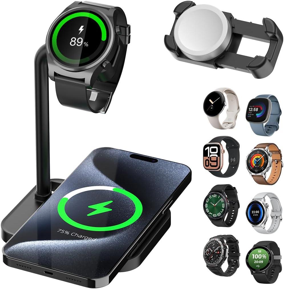 Universal 2 in 1 Wireless Charger Dock with Adjustable Smartwatch Stand, Compatible with Samsung Galaxy, Google Pixel, Huawei, Garmin, AMAZTIM, Fossil, Fitbit, Amazfit, xiaomi, Suunto (02SW-B)