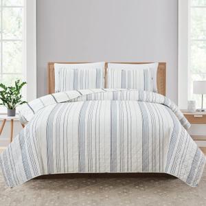 Market & Place 3 Piece Reversible Quilt Set with Shams | All-Season Soft & Lightweight Bedspread with Modern Striped Pattern | Sofia Collection (King, Ivory/Grey)