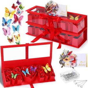 Gilprop 2 Pack Empty Mom Flower Gift Box for Mother's Day Moms Letter Shaped Empty Bouquet Box with 2 Pcs 3D Floral Greeting Card 24 3D Butterfly 50 Crystal Pins for Mother Grandma(Red, Mom)