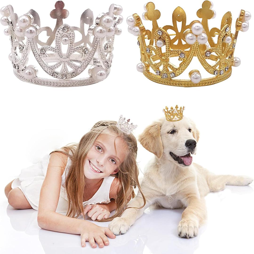 PET SHOW 2pcs Small Dog Crown Headband Puppies Rabbit Cat Hat for Birthday Party Silver Gold Rhinestone Faux Pearl Crown for Boy Girl Wedding Hair Accessories Photo Prop Costume