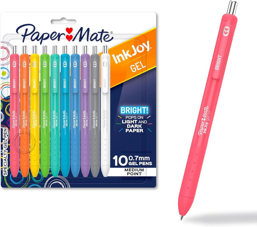 Paper Mate InkJoy Gel Bright Pens, Medium Point (0.7mm), Retractable, Assorted Brighter Colors, 10 Count - Colorful, Office Supplies, Journaling, Doodling