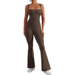 YEOREO Women Flare Jumpsuits Gym Sleeveless Square Neck Full Length One Piece Yoga Jumpsuit Coffee L (S)