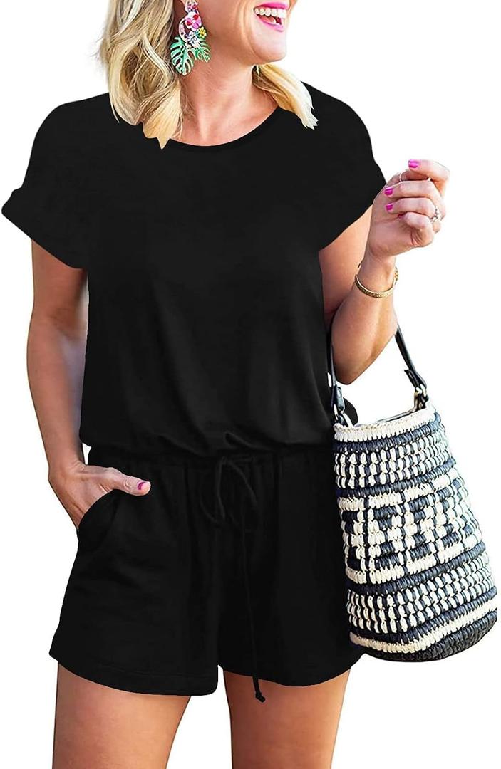 ANRABESS Rompers for Women Summer 2025 Casual Dressy One Piece Tshirt Short Pants Jumpsuit Beach Vacation Outfit Clothes (Medium, Black)