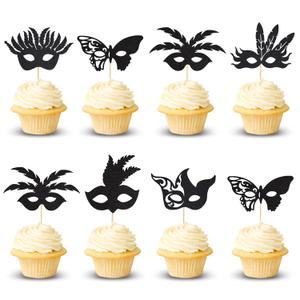 24Pcs Masquerade Masks Cupcake Toppers Bachelorette Party Mask Cupcake Food Fruit Picks Masquerade Mardi Gras Party Baby Shower Birthday Party Cake Decorations Supplies - Black Glitter