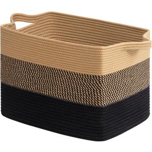 Goodpick Large Woven Basket 18" x 14" x 12" Cotton Rope Storage Baskets for Organizing, Rectangle Wicker Laundry Basket with Handles, Toy Baskets for Kids, Black & Jute