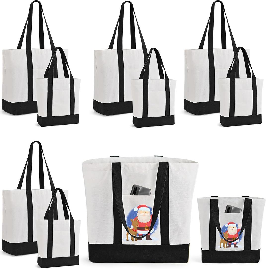 10Pcs Canvas Tote Bag Bulk with Outer Pocket, 12oz Cotton Blank Canvas Tote Bags 19 x 14.6Inch, 13 x 11Inch Reusable Grocery Bags Shopping Cloth Bags for Women, Black (5 Set Large & Medium)