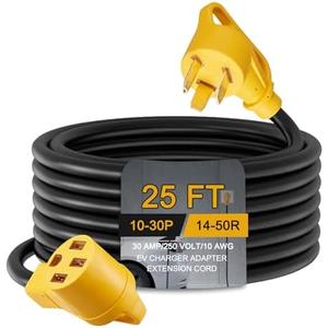 Toptozl 25ft EV Charger Adapter Cord Compatible with NEMA 10-30P to 14-50R, 30 Amp 3 Prong Dryer Male to 50 Amp 4 Prong EV Female for Level 2 or Telsa Charging, ETL Listed