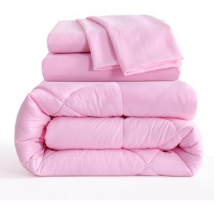 Twin Size Comforter Set, 5 Pieces Soft Bedding for All Seasons, Bed in A Bag, Kids Bedding Set with 1 Comforter, 1 Fitted Sheet, 1 Flat Sheet, 2 Pillowcases, Pink
