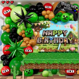 Pixel Gamer Birthday Decorations for Boys All in One Party Decor Kit with Authentic Biome Colors (Cocoa Brown, Jungle Green, Black)  Includes TNT & Controller Foil Balloons, Backdrop, and Tablecloth