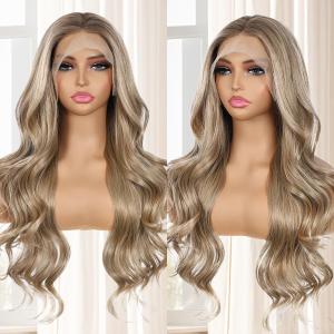 Ash Blonde Lace Front Wig, 13x4 Body Wave Synthetic lace Front Wigs for Women Omber Pre-plucked Long Wavy 150% Density Natural Heat Resistant Hair Daily Use 26 Inch