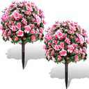 Artificial Boxwood Topiary Ball Trees with Ground Spikes UV Resistant Faux Greenery Shrubs Fake Shrubs for Outdoors, Realistic Faux Plants Bushes for Garden Porch Yard Patio Decor (Pink)