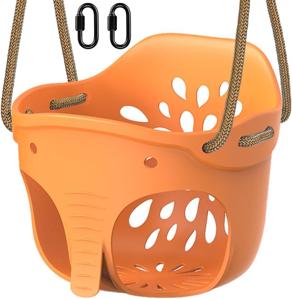 SELEWARE Heavy-Duty High Back Full Bucket Toddler Swing Seat with Locking Carabiners and Adjustable Rope, Cute Elephant Shape Design, 600LB Weight Limit (Yellow)