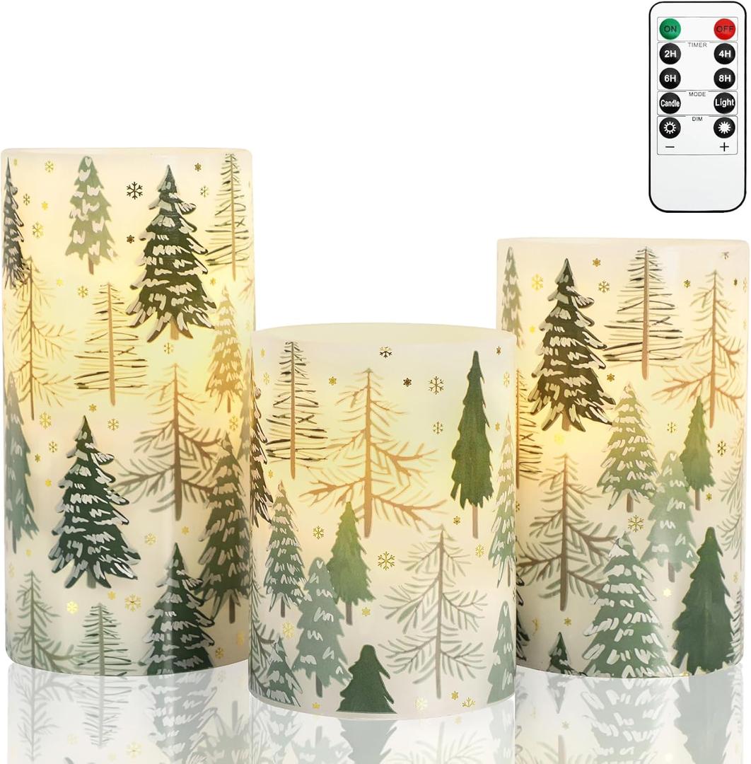 Christmas Tree LED Flameless Candles with Remote Control & Timer Function, Real Wax Battery Operated Candles for Home Party Xmas Holiday Decor, 3-Piece